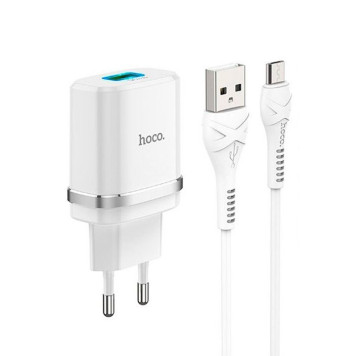 Блок питания (сетевой адаптер) HOCO С12Q Smart QC3.0, кабель Micro USB, USB, 5V, 3.0A, белый