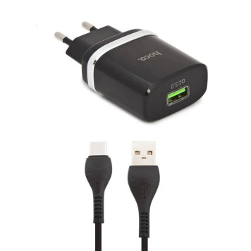 Блок питания (сетевой адаптер) HOCO С12Q Smart QC3.0, кабель Type-C-USB, 5V, 3.0A, черный